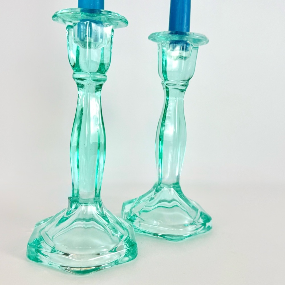 Vintage Set Of 2 Aqua Blue  Art Deco Glass Candlesticks Holders. Mid-Century Mod - Picture 10 of 13